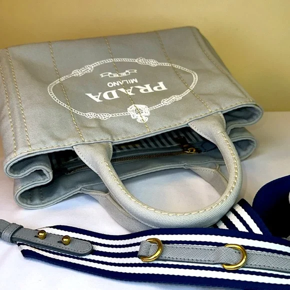 Prada Canapa RARE Slate Gray/Blue Small Tote Original Strap w/ COA - Picture 9 of 15